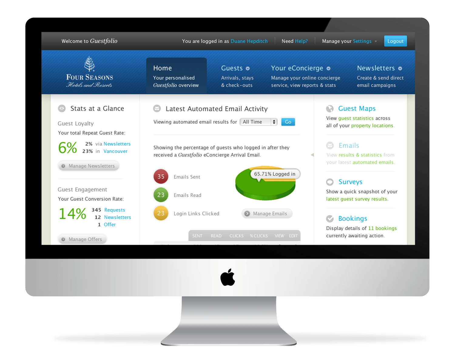 Screenshot of Guestolfio admin dashboard on large screen