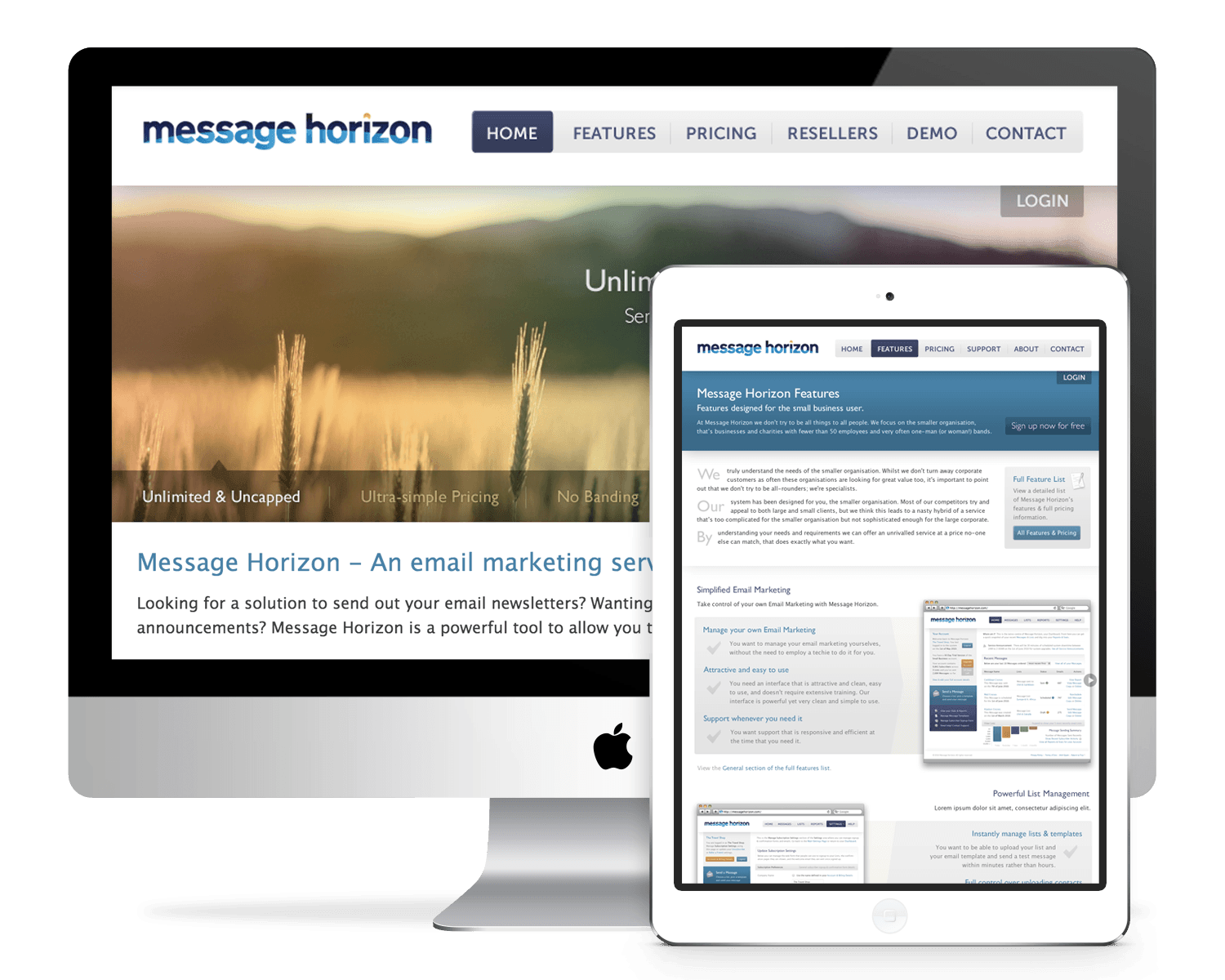 Screenshot of Message Horizon marketing site on large screen