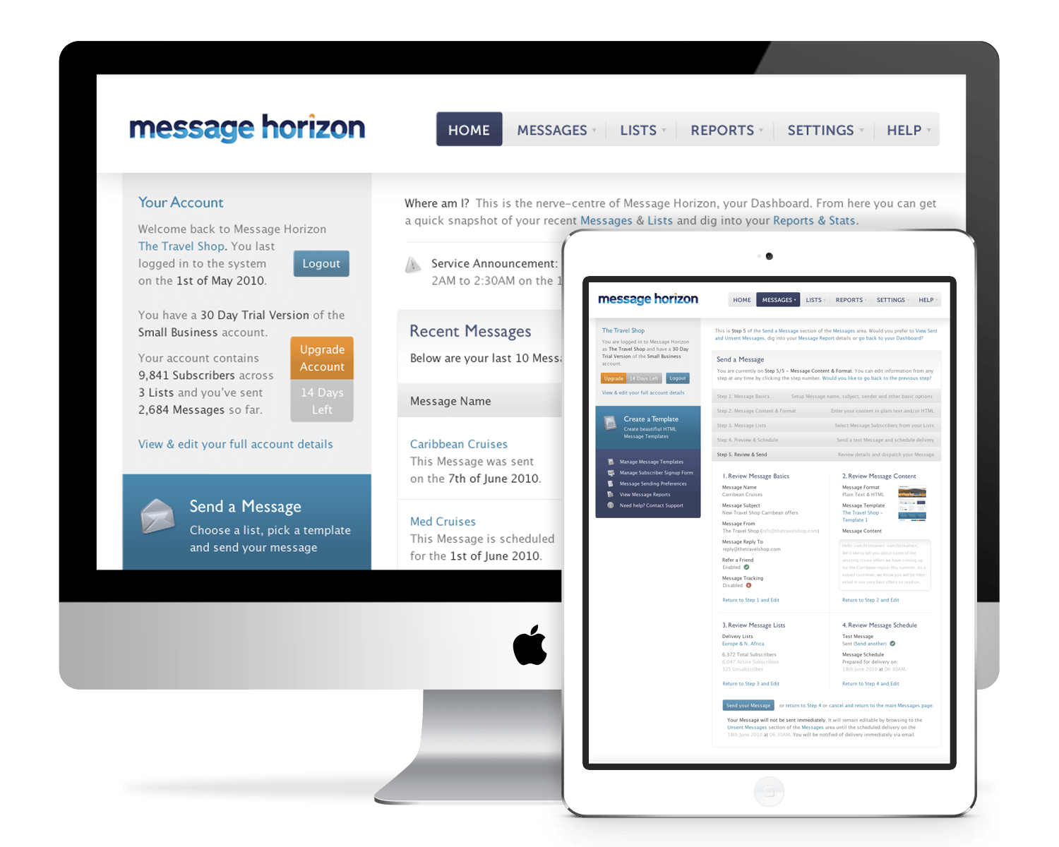 Screenshot of Message Horizon web app on large screen